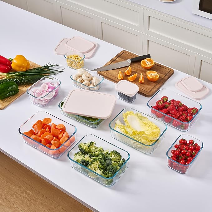Glass Food Storage Containers with Lids — 8 Piece — 57.5 oz Glass with BPA-Free Leakproof Stackable Lids — Microwave, Oven & Dishwasher Safe — Ideal for Meal Prep & More - Berry Blush