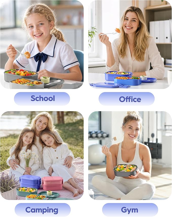 BiuLeon Bento Box Adult Lunch Box, 65 Oz Capacity Lunch Containers(Adjustable 2/3 Tier), BPA-Free, Leak-Proof and Stackable Bento Lunch Box, Microwave & Dishwasher Safe with Utensils(Macaron)