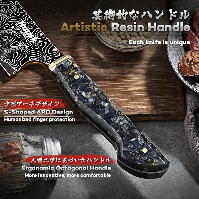 Huusk Damascus Chef Knife 7", Ultra Sharp Santoku Knives | Japanese Kitchen Knife with Ergonomic Resin Handle, Ideal Birthday Dad Mom Gift