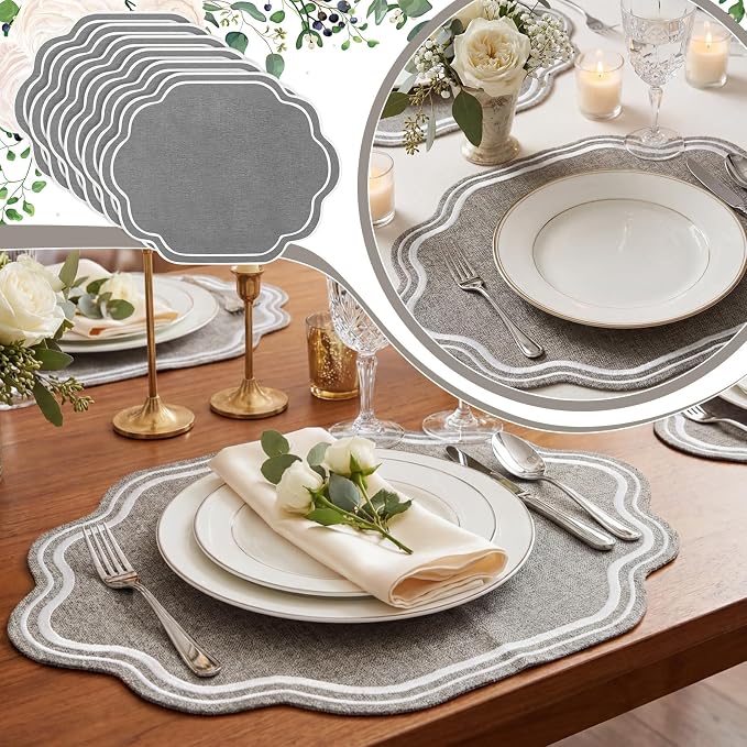 6 Pcs Gray Wedding Placemats Scalloped Embroidered Cotton Linen Placemats 17" x 13" Double Layered Machine Washable Table Place Mat for Party Table Decor (Cotton)