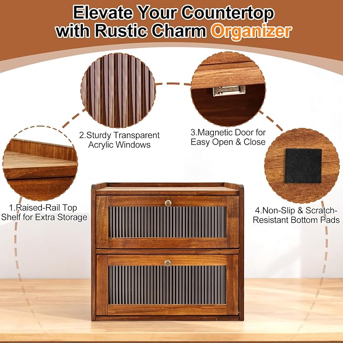 Alpeir Wooden Bread Box for Kitchen Countertop, Large Double Layer, Brown | Food-Safe Pine Wood, Double-Row Ventilation, Strong Acrylic Window, Raised Top Shelf, Easy Care, Farmhouse Corner Container