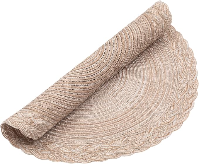 SHACOS 15 inch Round Placemats Set of 6 Boho Woven Braided Border Table Mats Washable Heat Resistant Circle Place Mats for Dining Table, Beige