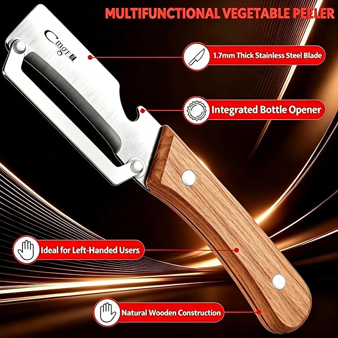 TEEVEA Left-Handed Vegetable Peeler 2-in-1 Stainless Steel Wood Handle | Multifunctional with Built-in Bottle Opener, Zero Flex Zero Snag Blade, Ultra Sharp for Fruit Potato Apple Veg, Kitchen Tool