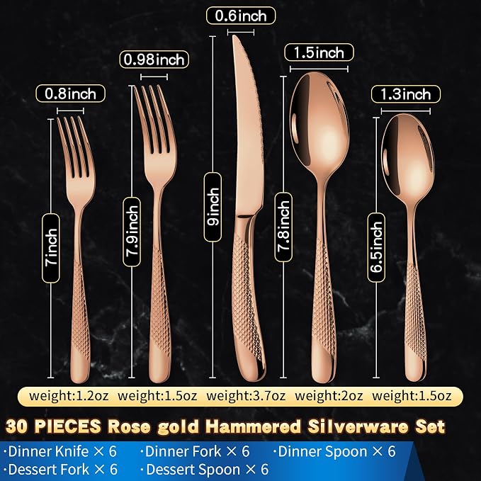 Hammered Rose gold 30 Pieces Set Silverware Set for 6 with Serrated Forging Knives,18/10 Stainless Steel Modern Flatware Set,Unique Cutlery Set,Mirror Polished,Dishwasher Safe