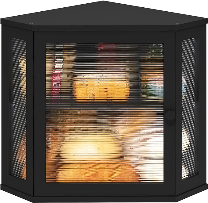 viewcare Corner Bread Box for Kitchen Counter, Bamboo Wood Black Bread Box, Large Capacity Bread Storage Bin with Acrylic Wavy Door Panel (Black, Meduim)