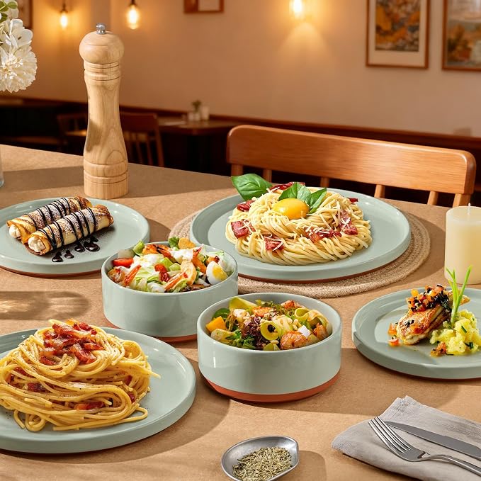 LIANYU 18 Pieces Porcelain Dinnerware Sets, Premium Plates and Bowls Set | High-Fired Ceramic Dishes Set for 6, Chip & Scratch Resistant, Microwave Dishwasher Safe, Laurel Green