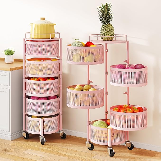 SAYZH 5 Tier Fruit Vegetable Basket Stand for Kitchen, Rotating, Pink | Rolling Storage Cart with top lid, Large Metal Wire Rack for Potato and Onion Storage