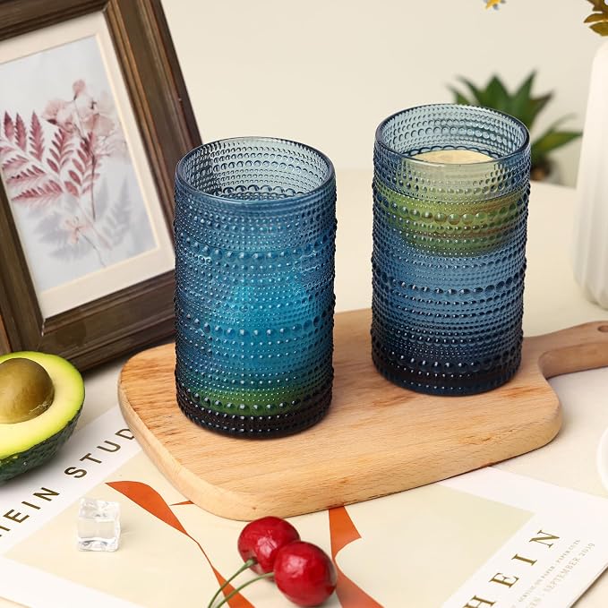 Moretoes12 Pack 12 Oz Blue Hobnail Drinking Glasses Set,Water Glass Cups | Highball Glasses Embossed Boho Kitchen Bar Tumbler Glassware Set for Whiskey, Beer, Juice, Milk and Various Mixed Drinks