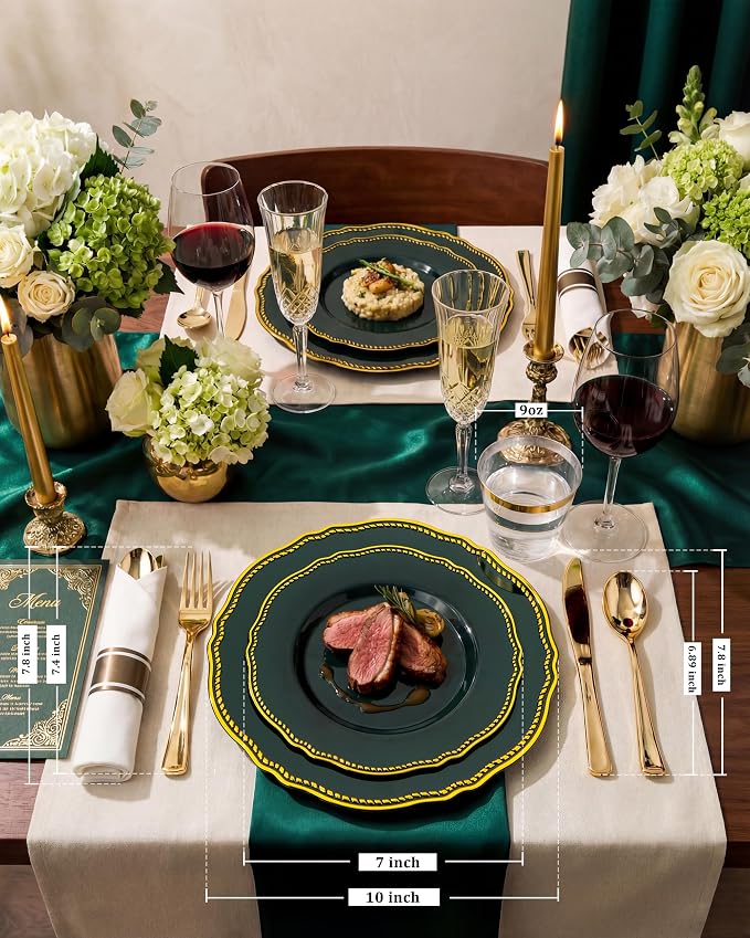 175 Pcs Green Gold Plastic Plates Wedding & Party | Gold Plastic Dinnerware Set Includes 25 Dinner Plates, 25 Dessert Plates, 25 Gold Utensils, 25 Napkins