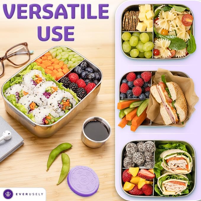 Stainless Steel Bento Box + Condiment Container - Lavender, 37oz / 1.1 L | Everusely metal lunch box, leakproof sauce container, 3 compartment snack organizer for travel, freezer & dishwasher safe