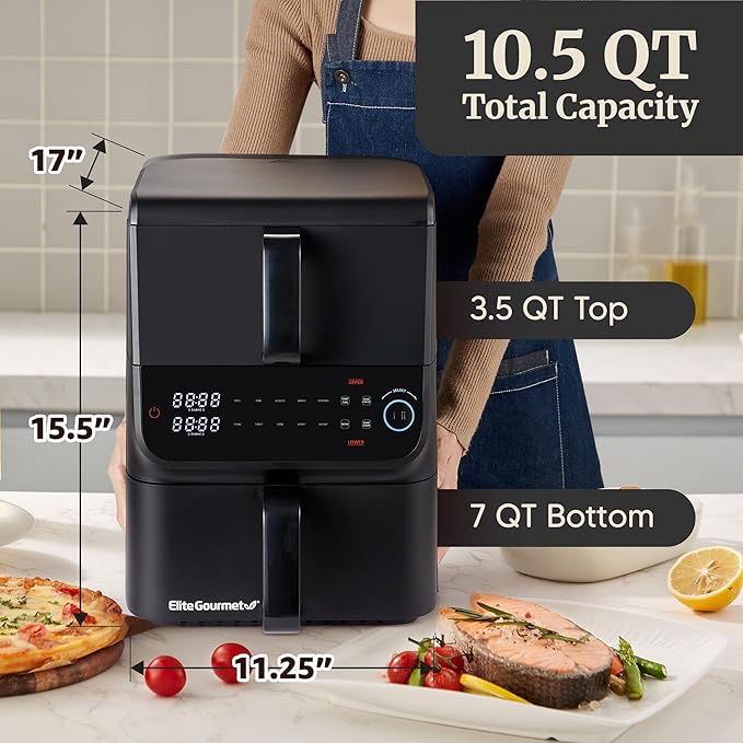 Elite Gourmet EAF6535 Dual Stacked Air Fryer, 10.5Qt, 1700W, Black | Family Size - PFAS-Free Dishwasher-Safe Nonstick Baskets - Sync Cook & Finish - 10 Presets