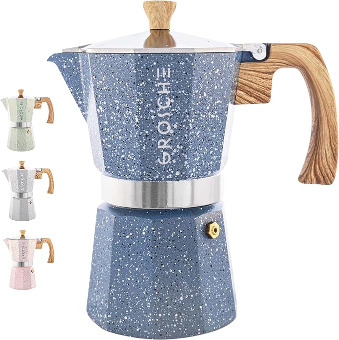 GROSCHE Milano Moka pot, Stovetop Espresso maker, Greca Coffee Maker, Stovetop coffee maker and espresso maker percolator (Indigo, 9 cup) | Cuban Coffee Maker And Italian Moka Pot For Stovetop Espresso; For Gas, Electric, And Propane Stoves With A Soft...