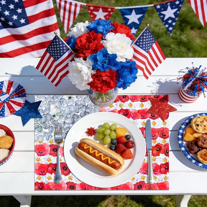 50 Pack Disposable Paper Placemats, Flower Patriotic Table Mats | Red White Blue Watercolor 4th of July Memorial Day