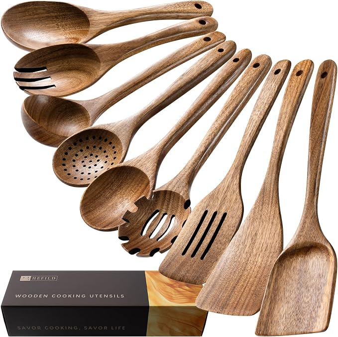 Wooden Spoons for Cooking, 9-Piece Acacia Wood Cooking Utensil Set | Spoons and spatulas stir, mix, flip and serve; balanced handles offer control while staying gentle on nonstick cookware.