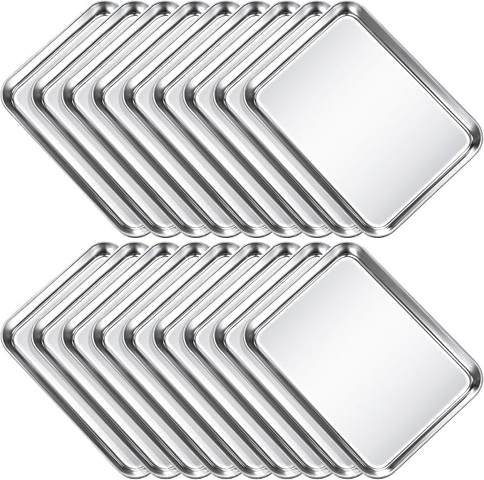 Potchen 18 Pcs Baking Sheet Pan Set Stainless Steel Cookie Sheet Small Toaster Oven Pans Tray Barbecue Grill Pan Rectangle Trays Oven Freezer Bakery, Non-stick, Easy Clean, 9 x 6.7 x 1 Inches