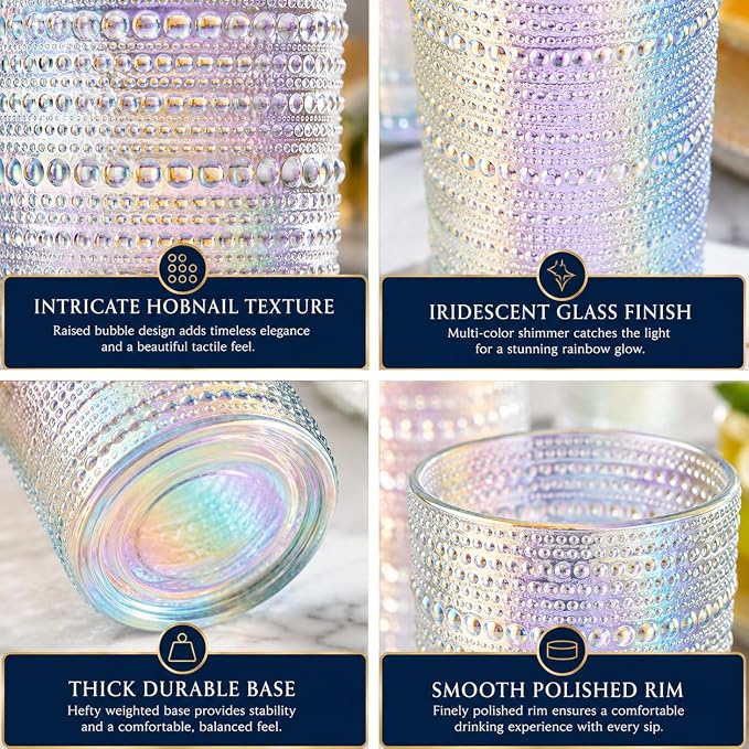 Hobnail Beaded Highball Drinking Tumbler Glasses | Set of 6 | Iridescent Pearl Vintage Bubble Design Glassware, Old-Fashioned, Embossed Design, Water, Wine, Cocktail Embossed Heavy Glass, Rocks Glass