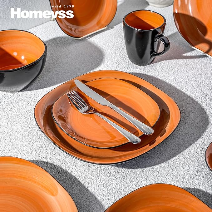 Stoneware Square 16pc Dinnerware Set, Inside Spinwash Swirl Orange + Outside Black