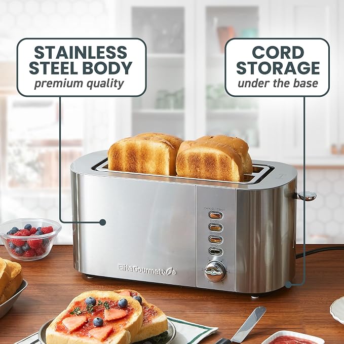 Elite Gourmet ECT4123X 4-Slice Long Slot Toaster, Stainless Steel | 6 Toast Shade Settings, Bagel, Defrost & Cancel Functions, 1.5" & 5.1" Deep Slots Fit Bagels, Waffles & Artisan Breads