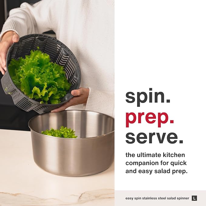 Zyliss Easy Spin Salad Spinner - Fruit & Veggie Dryer - Produce Spinner & Cleaner for Salad Prep - Dishwasher-Safe Kitchen Essential - Non-Slip Bowl with Pull Handle - New Stainless Easy Spin Large
