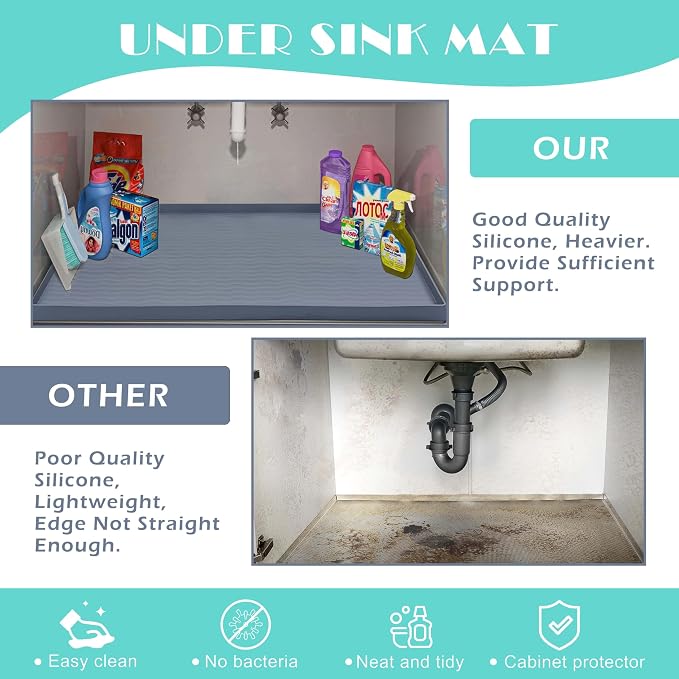 URMONA Waterproof Silicone Under Sink Mat 34'' x 19'' Shelf Liner for Kitchen and Bathroom, Cabinet and Counter Protector, Storage and Organizers, Litter Mat, Pet Cat Puppy Essentials(Navy)