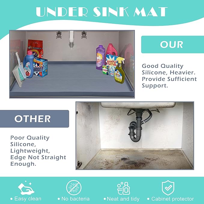 URMONA Waterproof Silicone Under Sink Mat 34'' x 19'' Shelf Liner for Kitchen and Bathroom, Cabinet and Counter Protector, Storage and Organizers, Litter Mat, Pet Cat Puppy Essentials(Green)