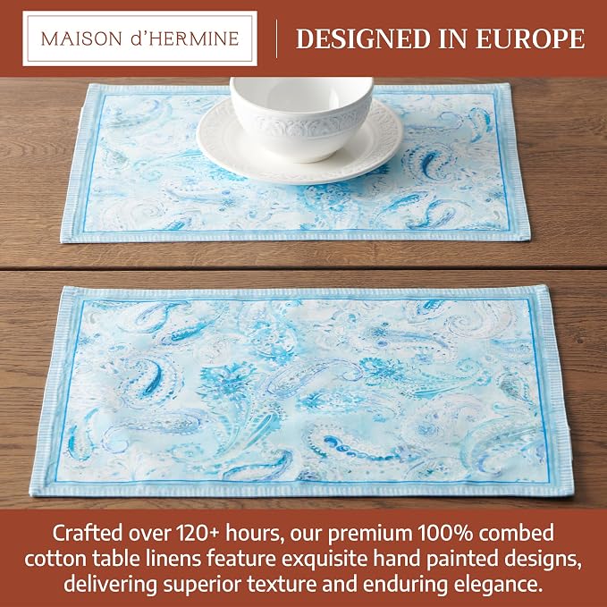Maison d' Hermine Placemats Set of 4 Reusable 100% Combed Cotton (13"x19") | Cloth Place Mats Washable Table Mats for Kitchen Dining Party Wedding Hotel Home Restaurant Spring Summer - Paisley Blues