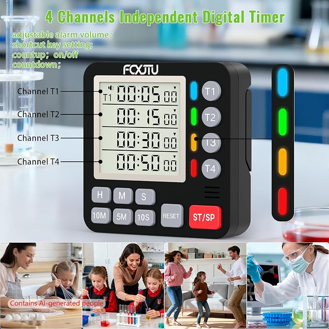 Digital Dual Kitchen Timer, Multi-Channel Triple Countdown for Cooking | 4Groups Independent Countup Timer,Magnetic Back,Memory Presets,On/Off,Large Display, LED Alert, 3A Battery & Stand Included