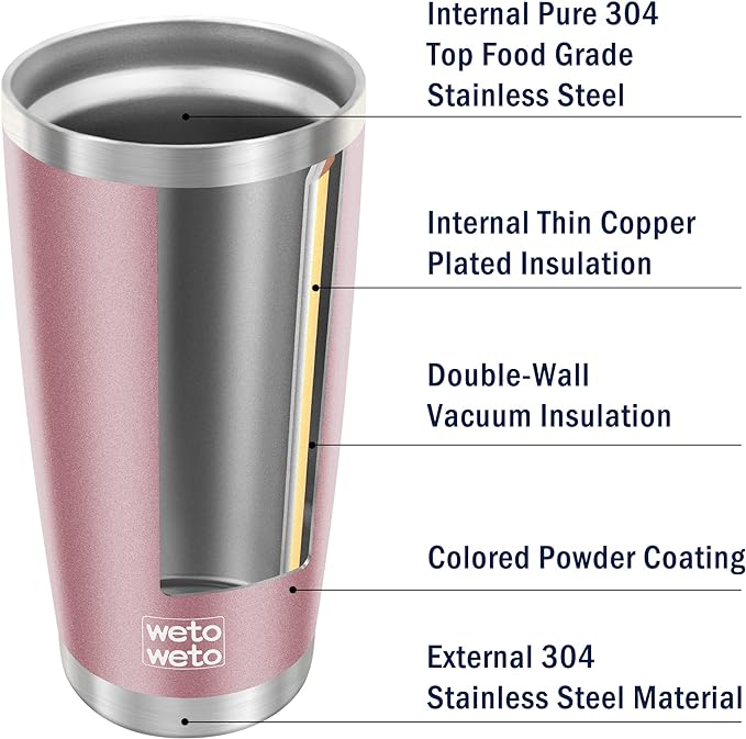 WETOWETO 20oz Tumbler, Stainless Steel Vacuum Insulated Coffee Travel Mug, Double Wall Powder Coated Insulated Coffee Mug Travel Mug with Lid Thermal Cup for Outdoor, Rose Gold, 6 Pack