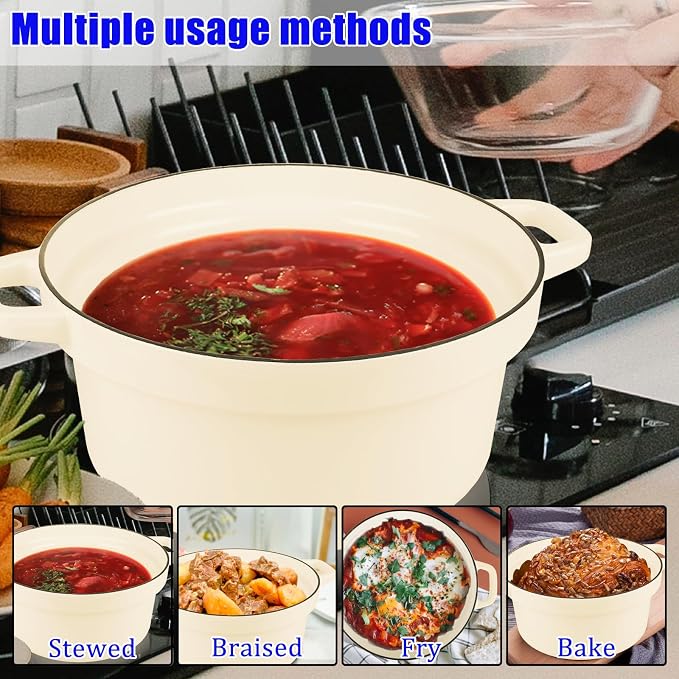 7QT Dutch Oven Pot With Lid, Enameled Cast Iron Dutch Ovens for Sourdough Bread Baking, Non-Stick Ceramic Dutch Oven Cooking Pot, Oven Safe, White (10 Pcs Bread Paper Liners)
