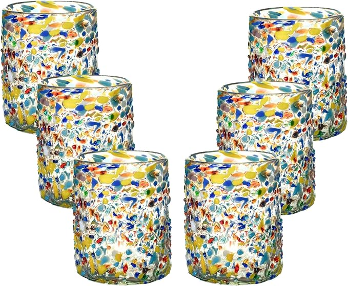 Confetti Dots Hand Blown Tumbler Glasses Set of 6 – Colorful Mexican Glassware – 10 oz Recycled Glass Tumbler – Hand blown Mexican Drinking Glasses for Cocktails, Wine & Tequila