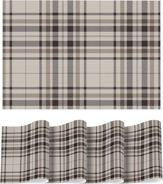 Artoid Mode Stripe Plaid Vinyl Placemats Set of 4, 12x18 Inch Thanksgiving Washable Non-Slip Heat Resistant Plastic Place Mats for Party Dining Table, Brown