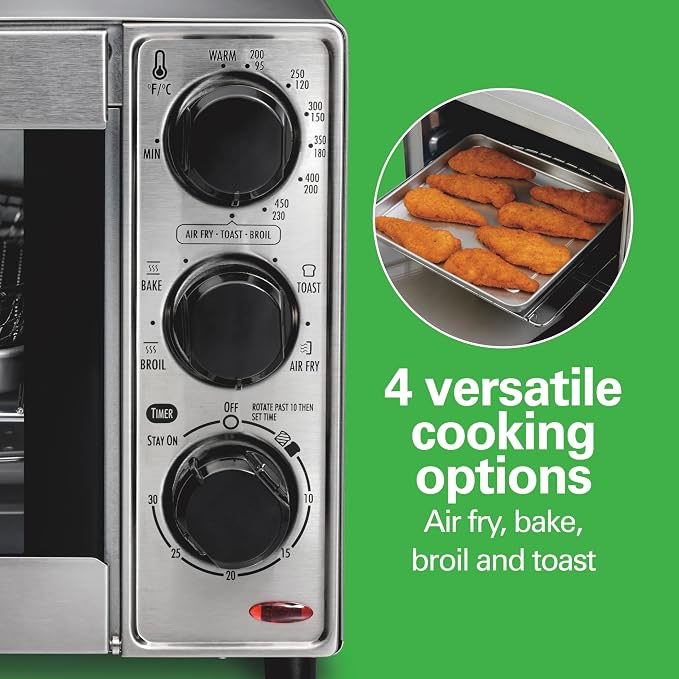 Hamilton Beach 4 Slice Countertop Air Fryer Toaster Oven Combo | Air Fry, Bake, Broil, Toast | 30 Minute Timer | Automatic Shut Off | 200 to 450ºF Adjustable Temp | Stainless Steel | 31403J