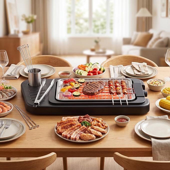 Electric Grill and Griddle, 2 in 1 Non-stick Griddle | Countertop & Freestanding Griddle with Adjustable Stand Legs, Outdoor Cooking Grill for Patio, Kitchen, BBQ