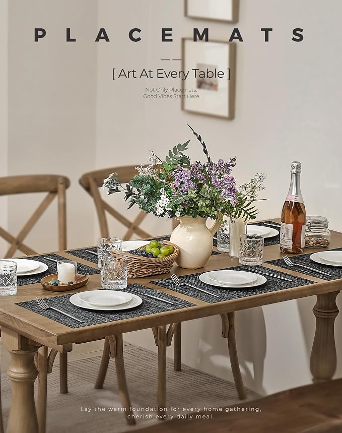 Leetaltree Black and Grey Woven Placemats Set of 12 - Heat Resistant Non-Slip Place mats for Dining Table, Washable Durable PVC Vinyl Woven Table Mats(Black & Grey, 12)