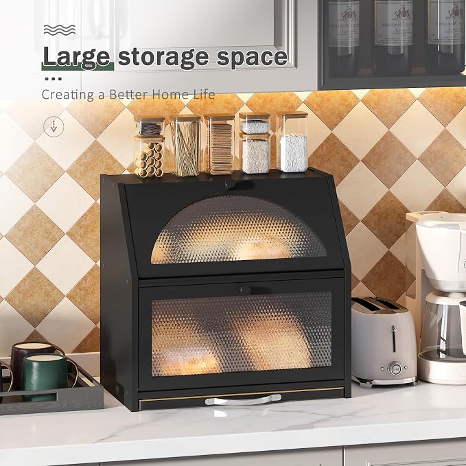 STDDRE Double Layer Bamboo Corner Bread Box with Cutting Board(Black) | Extra-large capacity. Double Layer Bread Storage Bin with Door Panel for Kitchen Counter.for kitchen counter