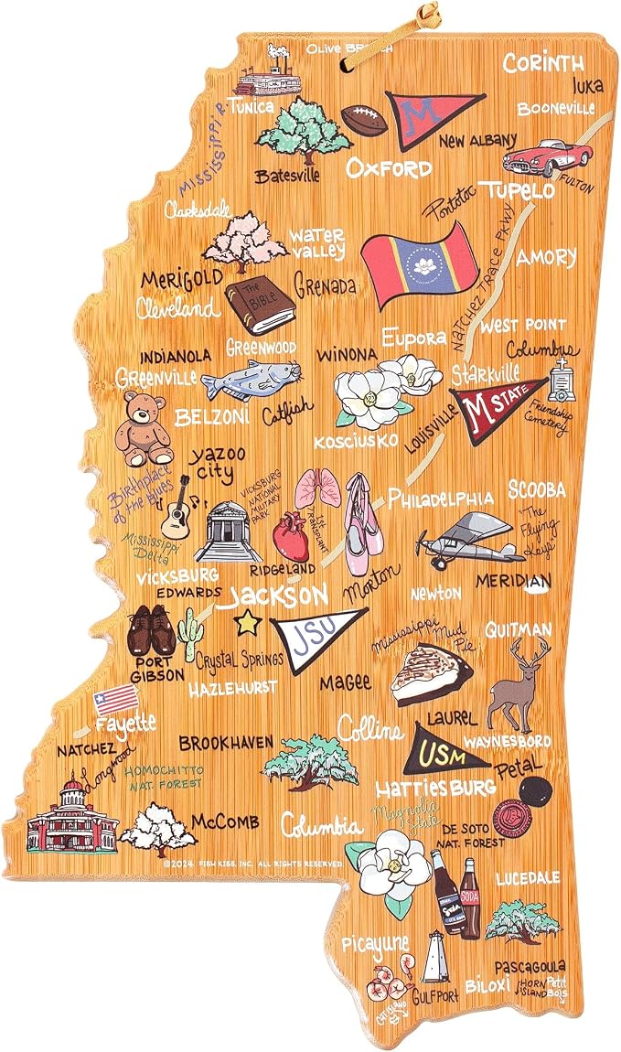 Totally Bamboo Mississippi State Shaped Cutting Board, Art by Fish Kiss | State charcuterie board with colorful hand-drawn map artwork. Smooth reverse side for food prep. Hang tie for wall display.