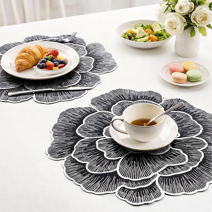 Evevda Silver Placemats Set of 6Round Floral Table Mats Bulk | Metallic Pressed Vinyl Table Place Mats for Dining Table Wedding Birthday Party Holiday Home Decoration
