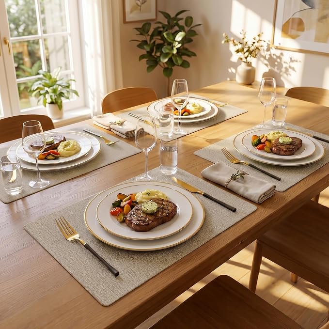 Romanstile Vinyl Placemats Set of 4-12 X 17 Inch - Faux Leather 100% Waterproof Wipeable Anti Slip Place Mats, Heat Resistant Reversible PU Table Mats for Kitchen Dining Party Outdoor, Khaki