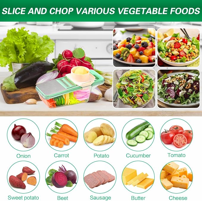 Mandoline Slicer, Vegetable Cutter with 3 Stainless Steel Blades | Hand Guard Veggie Chopper with Container & Lid, Multifunctional Kitchen Dicer for Onion, Potato, Carrot & Fruit