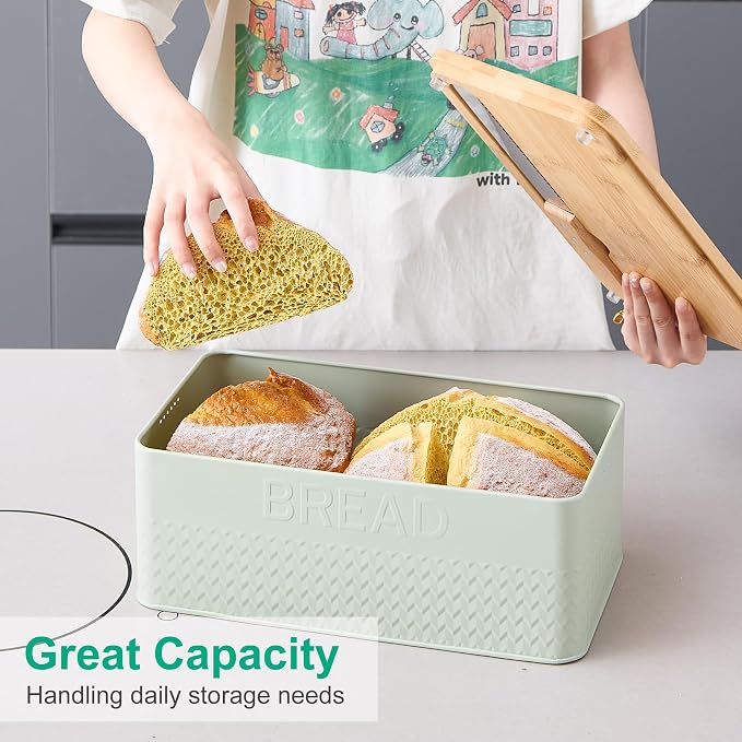 kiplant Bread Box for Kitchen Countertop, Large Bread Storage Container with Bamboo Lid, Iron Farmhouse Bread Box for Your House, Green