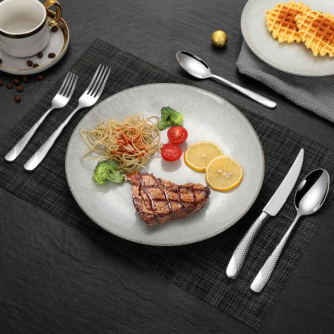 Hammered 30 Pieces Set Silverware Set for 6 with Serrated Forging Knives,18/10 Stainless Steel Modern Flatware Set,Unique Cutlery Set,Mirror Polished,Dishwasher Safe