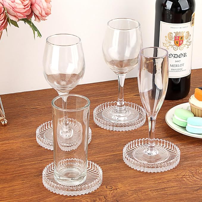 Modern Clear Coaster Set of 5- Glass Coasters for Drinks, Crystal Clear | Crystal Coasters Round Cup Mat Coffee Table Decor for Office, Kitchen, Bar, Dining Room, Living Room, Patio