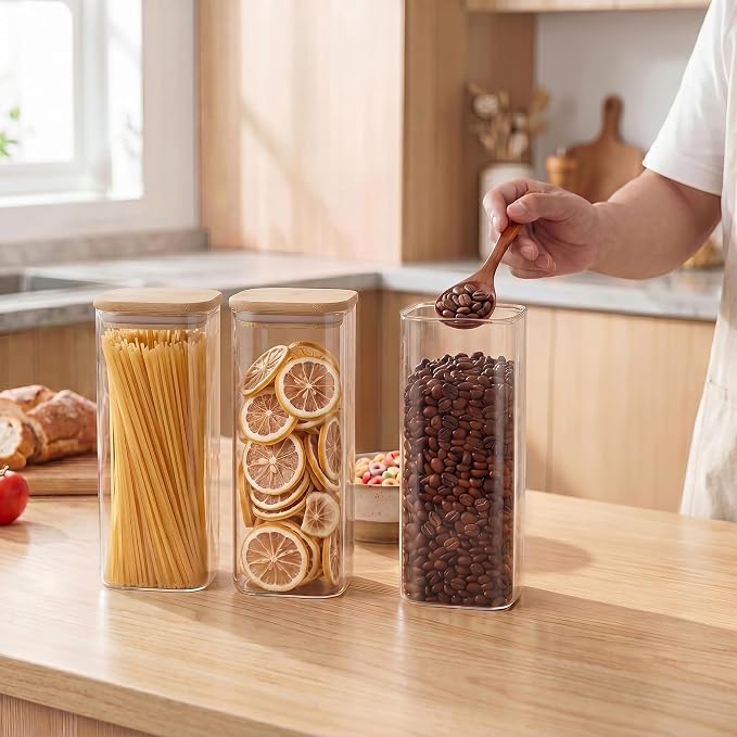 SENTVEND 73 Oz Glass Jars - 3 Pack Food Storage Containers with Lids Square | Food-grade durable clear canister, Bamboo seal cover, Stackable, BPA-Free, Ideal for sorting oats, Coffee beans, Pasta & More