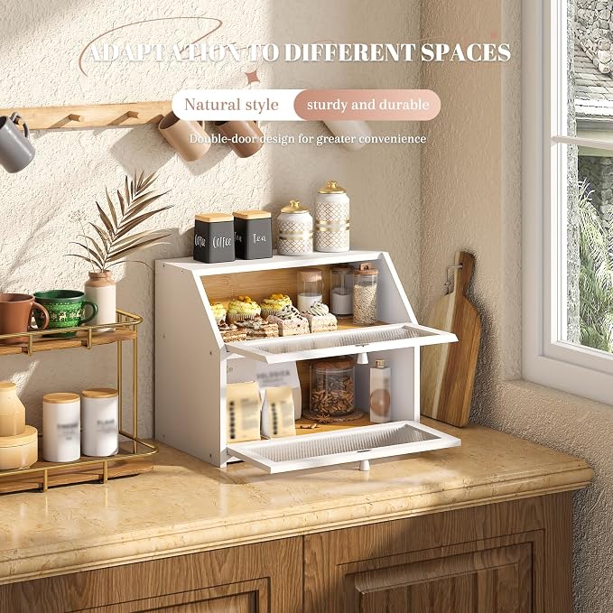 STDDRE Bread Box for Kitchen Countertop Bin Double Layer Bread Box Storage Container Extra Large Capacity Farmhouse with Diamond Pattern Windows (White, Large)
