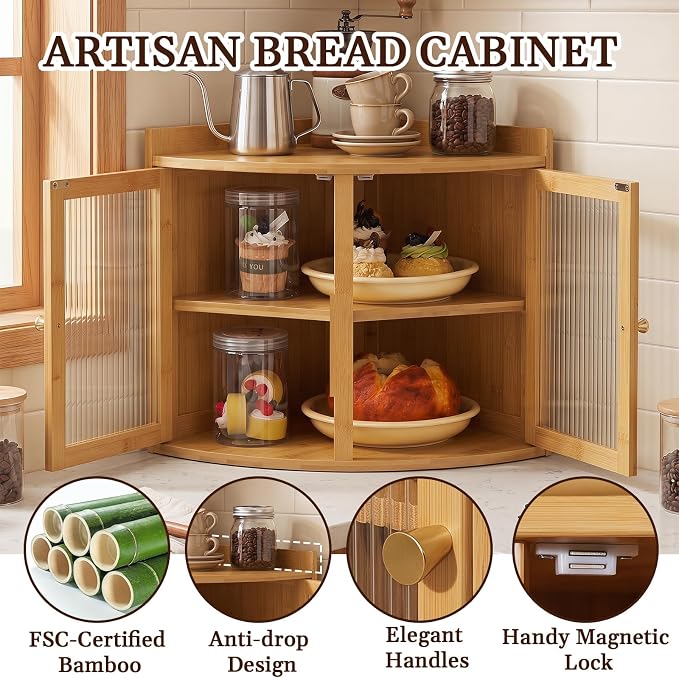 Baveke Bread Box for Kitchen Countertop, Corner Bread Box & Bamboo Breadbox, Large Bread Storage with Double Layer, Vintage Storage for Homemade Bread, Natural