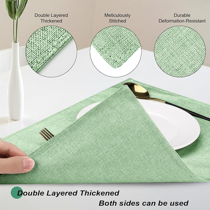 Cloth Placemats Set of 6, Cotton Linen Blend Place Mats, Light Green | Machine Washable, Double Layered, Heat Resistant, Fabric Dining Table Mats for Kitchen, Indoor & Outdoor, 13" x 19"
