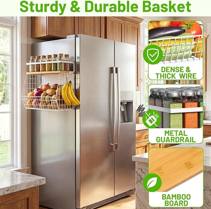 Magnetic Fridge Shelf with Wood Lid, Fruit Potato Onion Storage Bins, Pantry Organizers, Large Container Spice Rack for Refrigerator, Kitchen Counter, Cabinet (2, White)