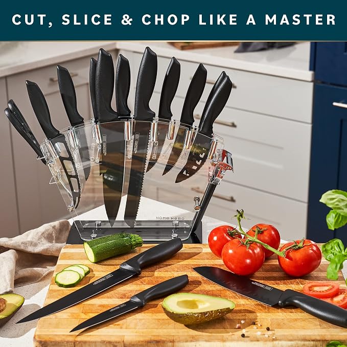 Home Hero Kitchen Knife Set - High Carbon Stainless Steel Blades & Built-In Sharpener - Ergonomic Handles & Cutlery Block Storage - Precision Cooking Prep with Chef Knife - 20 Pc, Black | High Carbon Stainless Steel Knife Set with Block - Built-In Shar...