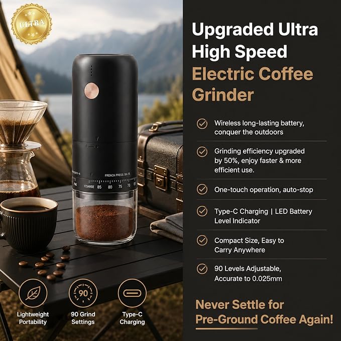 Portable Ultra High Speed Electric Burr Coffee Bean Grinder | SUS420 conical burr, 90 grind settings, 0.6mm precision, 50% faster grinding, Type-C fast charge, 1800mAh long battery life