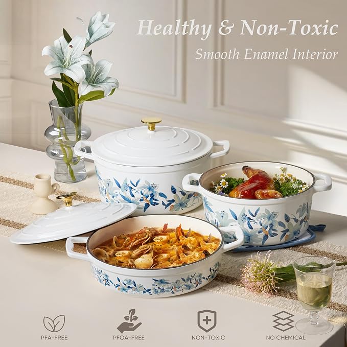 CAROTE 5QT Enameled Floral Cast Iron Dutch Oven Pot with Lid | Sourdough Bread Baking with Cotton Potholders & Oven Gloves, Gift Box, Cookware for Braising, Oven Safe up to 500° F